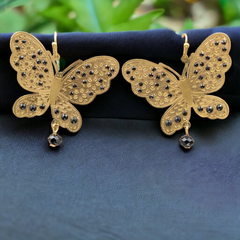 Gold Butterfly Statement Earrings with Black Crystal Accent